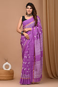 Purple Assam Silk saree with moon motifs, hand block printed design