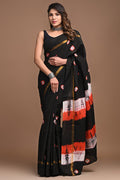 Black saree with red and white buta motifs and golden border