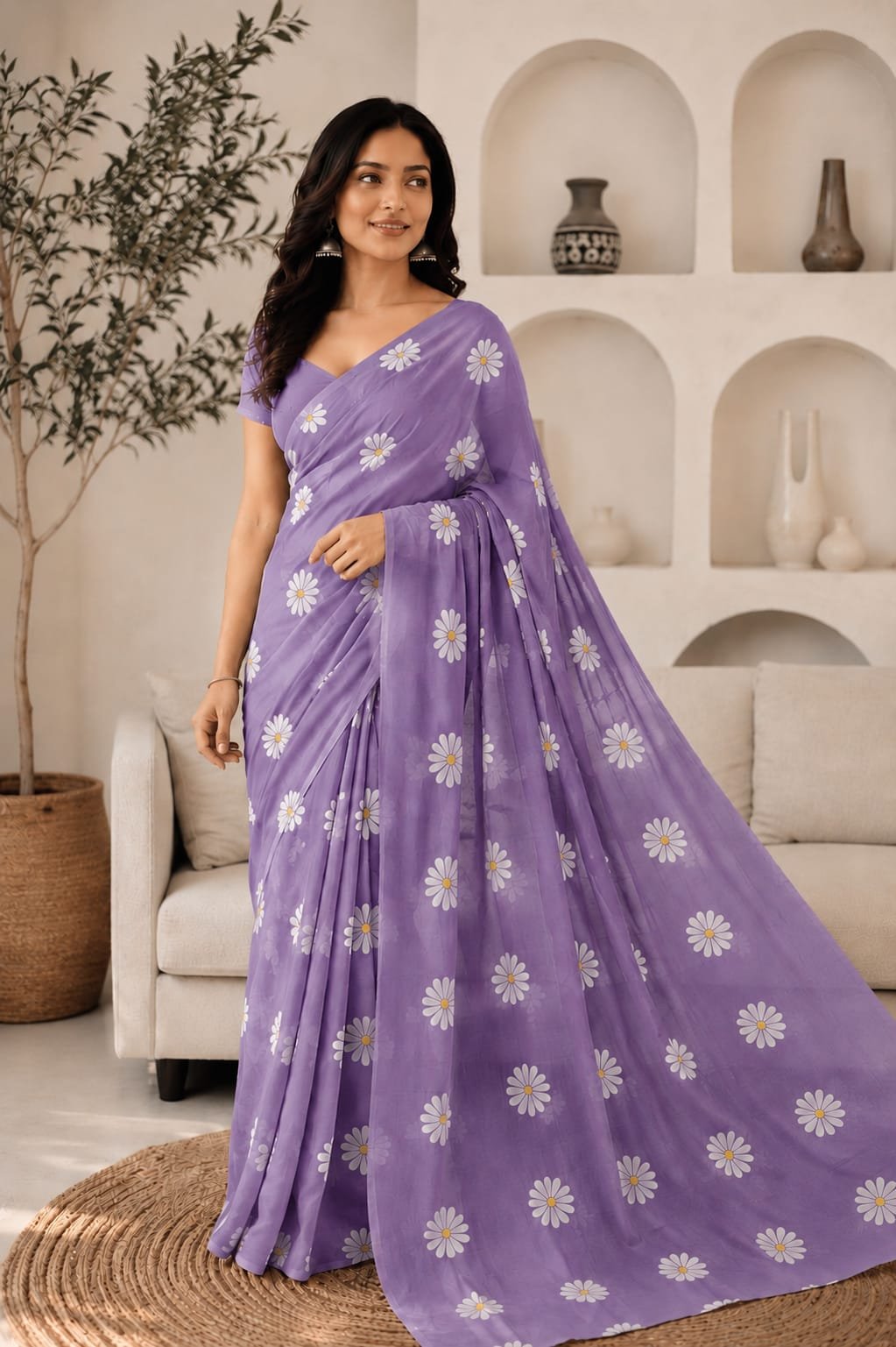 Purple saree with white and yellow floral motifs in traditional Bagru print
