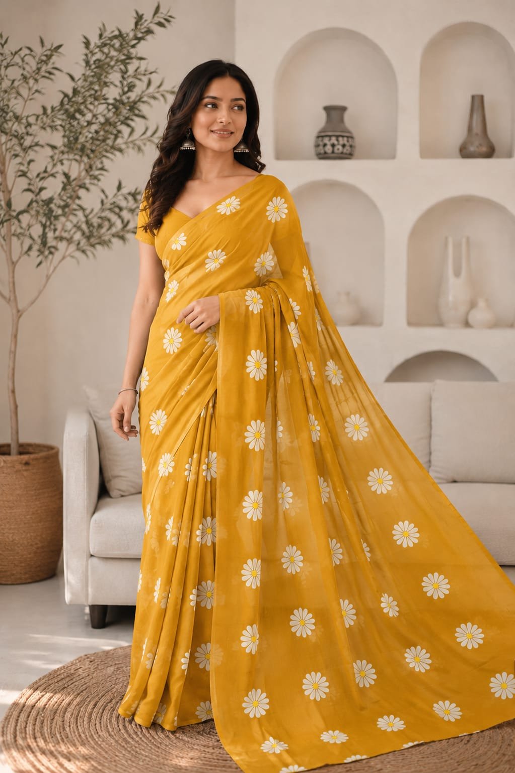 Yellow saree with white floral motifs hand block printed using Bagru technique