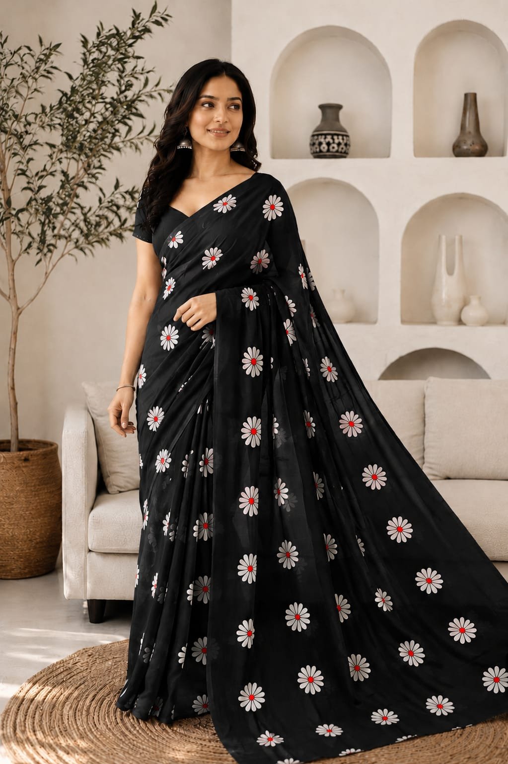 Black saree with white floral motifs in Bagru hand block print