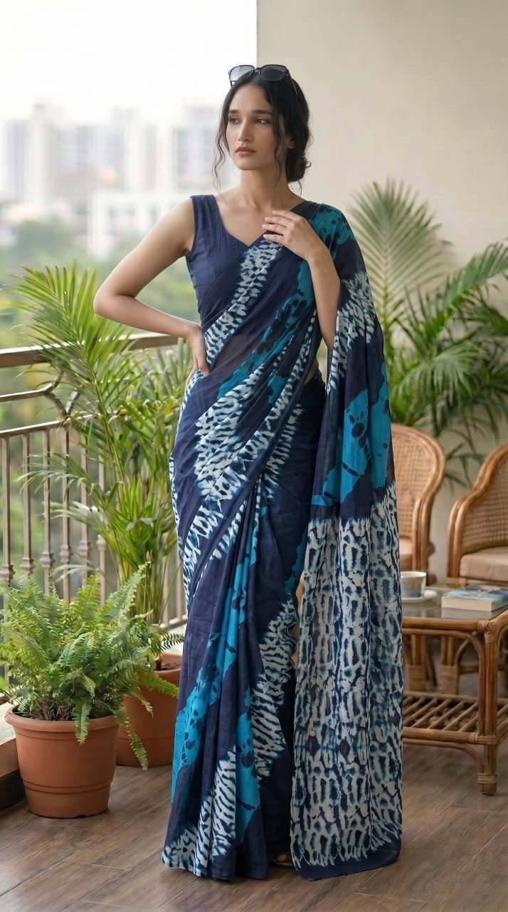 Blue and white abstract patterned saree with Bagru hand block print