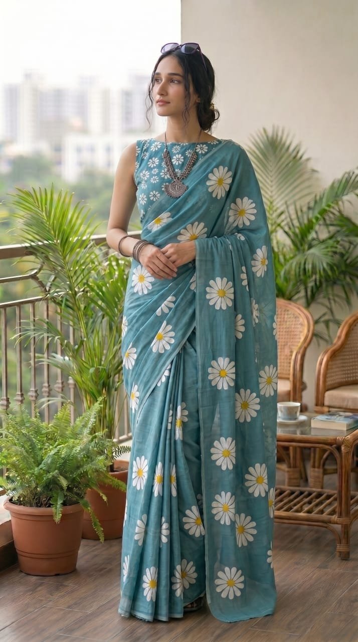 Teal saree with white daisy floral motifs in Bagru print style