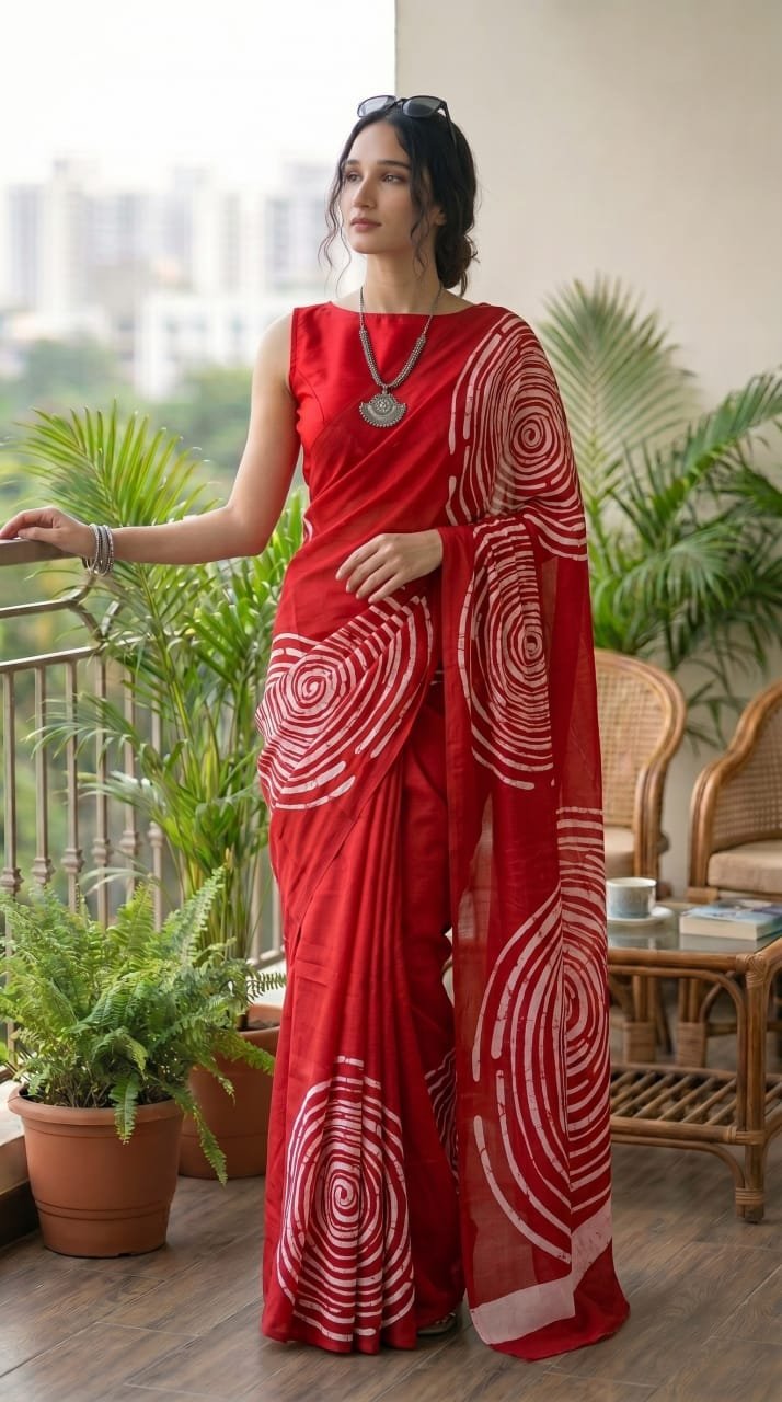 Red saree with spiral motifs, Bagru hand block print