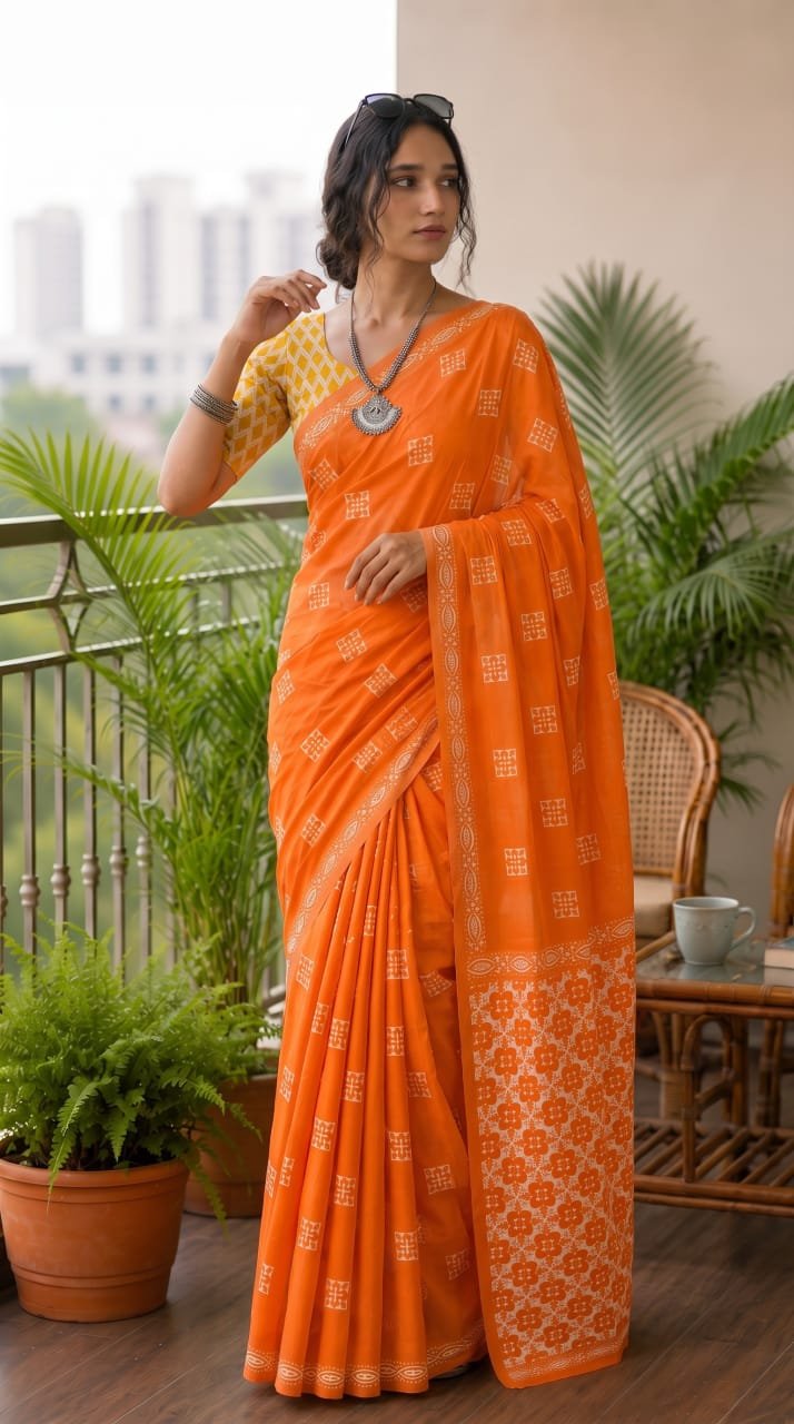 Orange saree with geometric motifs and border design, Bagru hand block print
