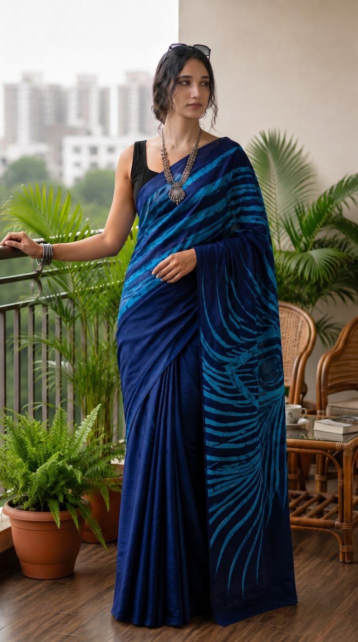 Navy blue saree with turquoise leaf motif, Bagru hand block print