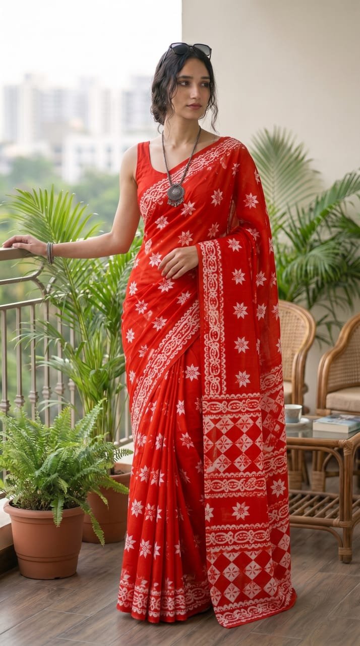 Red saree with white floral motifs and bold border pattern