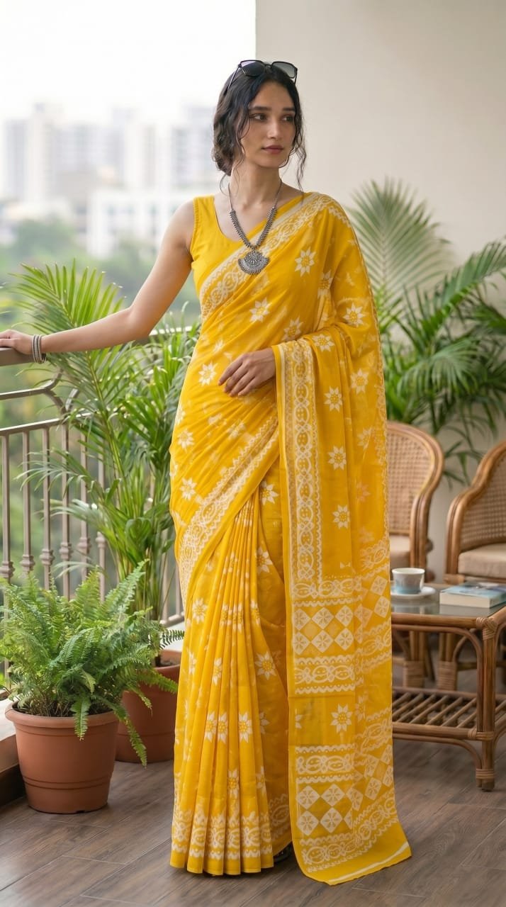 Yellow saree with white floral motifs and intricate border design