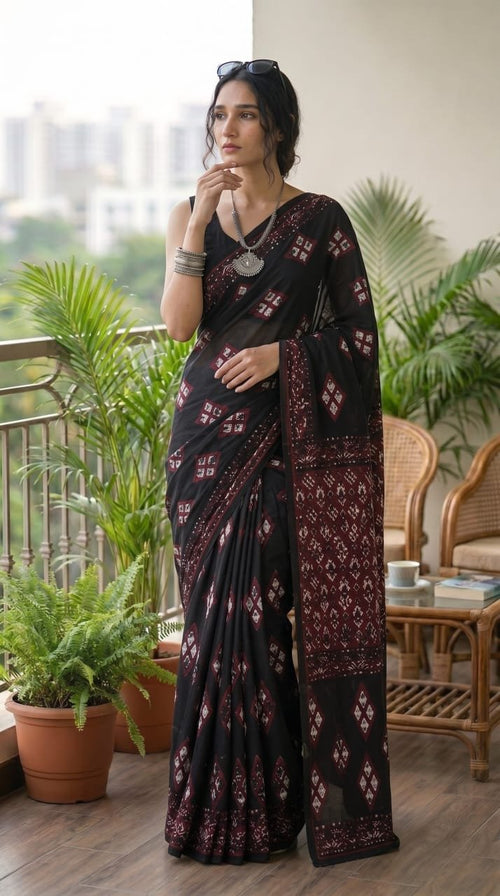 Black & Maroon Diamond Motif Bagru Hand Block Print Mul Cotton Saree With Blouse Piece