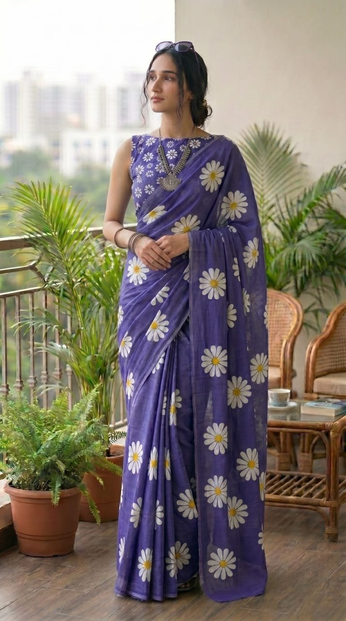 Purple saree with white floral motifs featuring Bagru block print