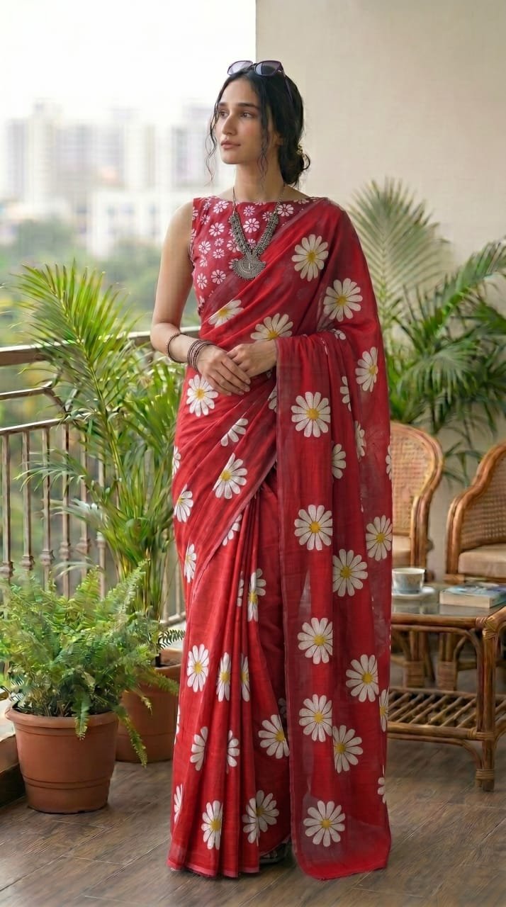 Red saree with white and yellow floral motifs in Bagru hand block print