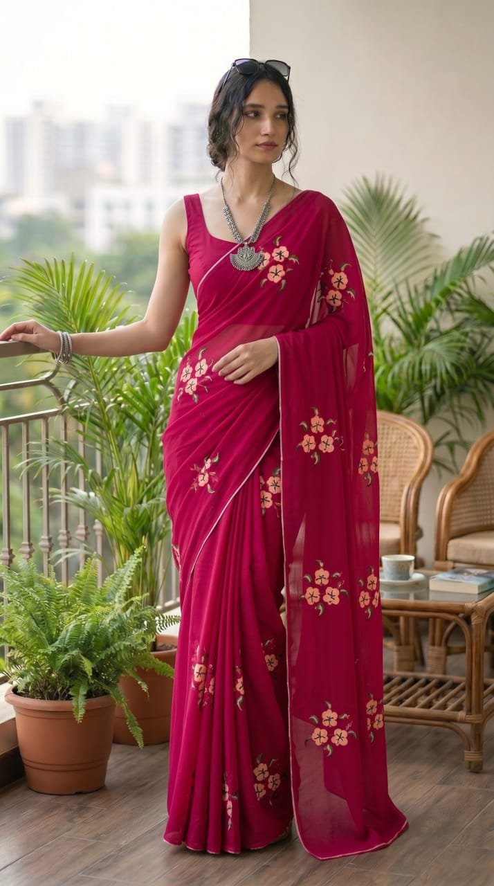 Deep pink saree with floral motifs, traditional Bagru hand block print