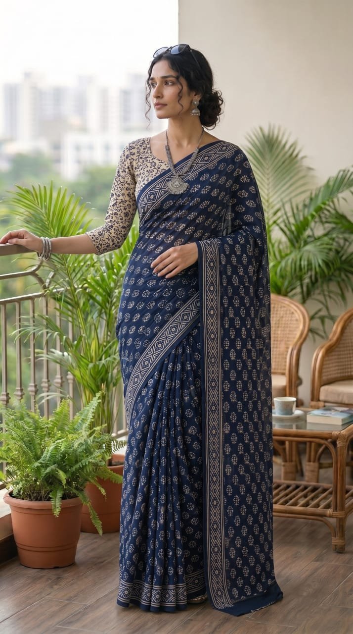 Navy blue saree with buta motifs and geometric border design