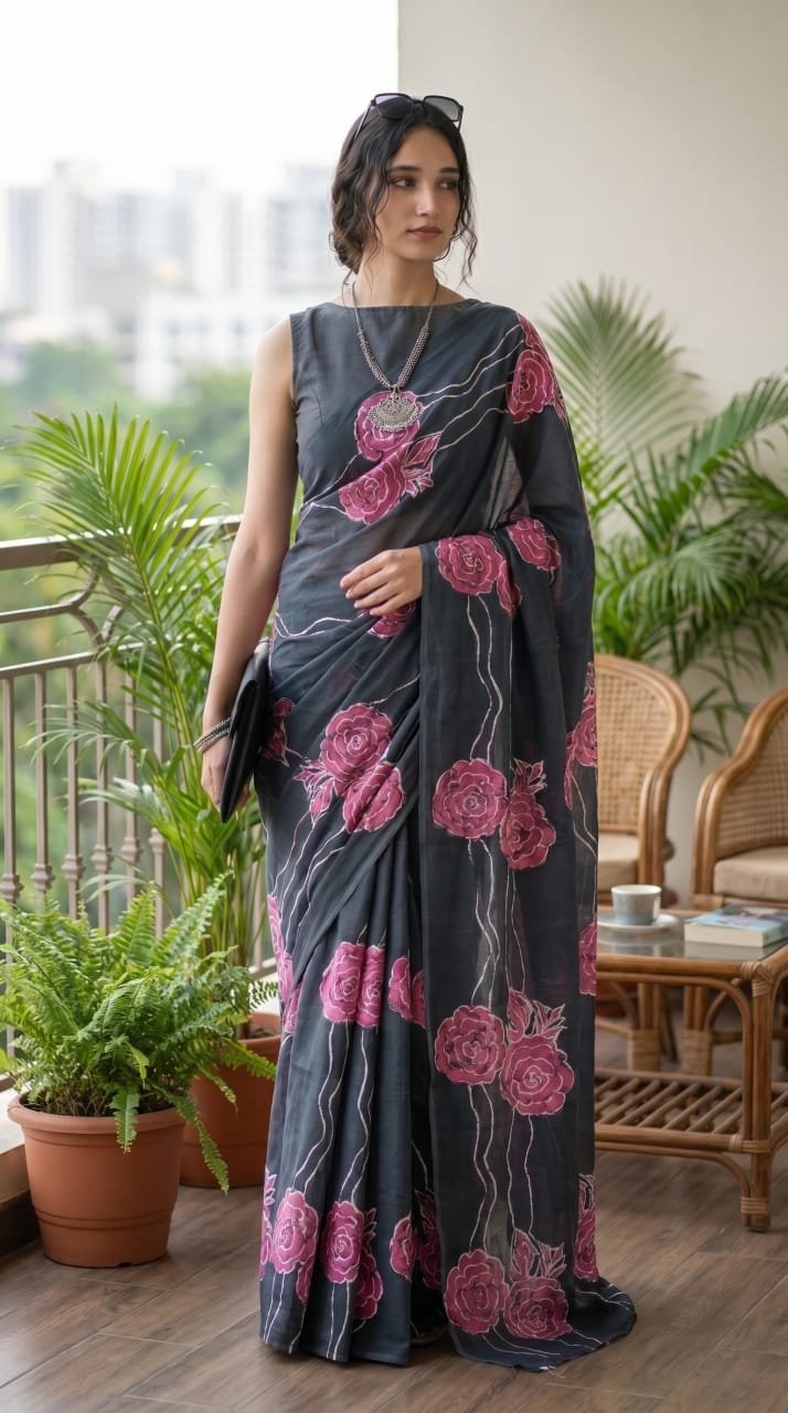 Black saree with pink floral motifs and Bagru hand block print