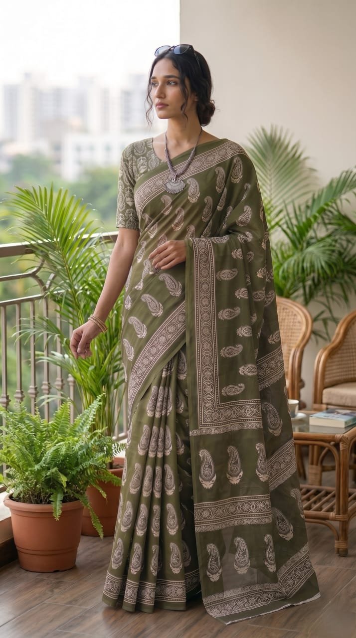 Olive green saree with paisley motifs and intricate border design
