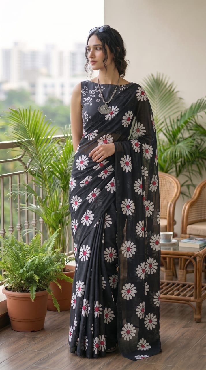 Black saree with white floral motifs in Bagru hand block print design