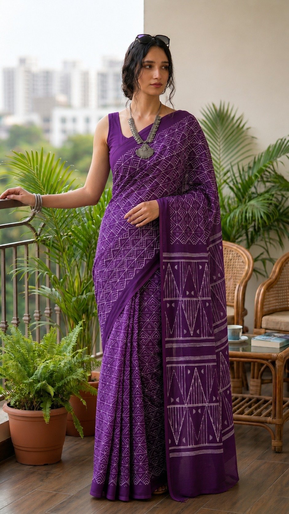 Purple saree with geometric Bagru block print design