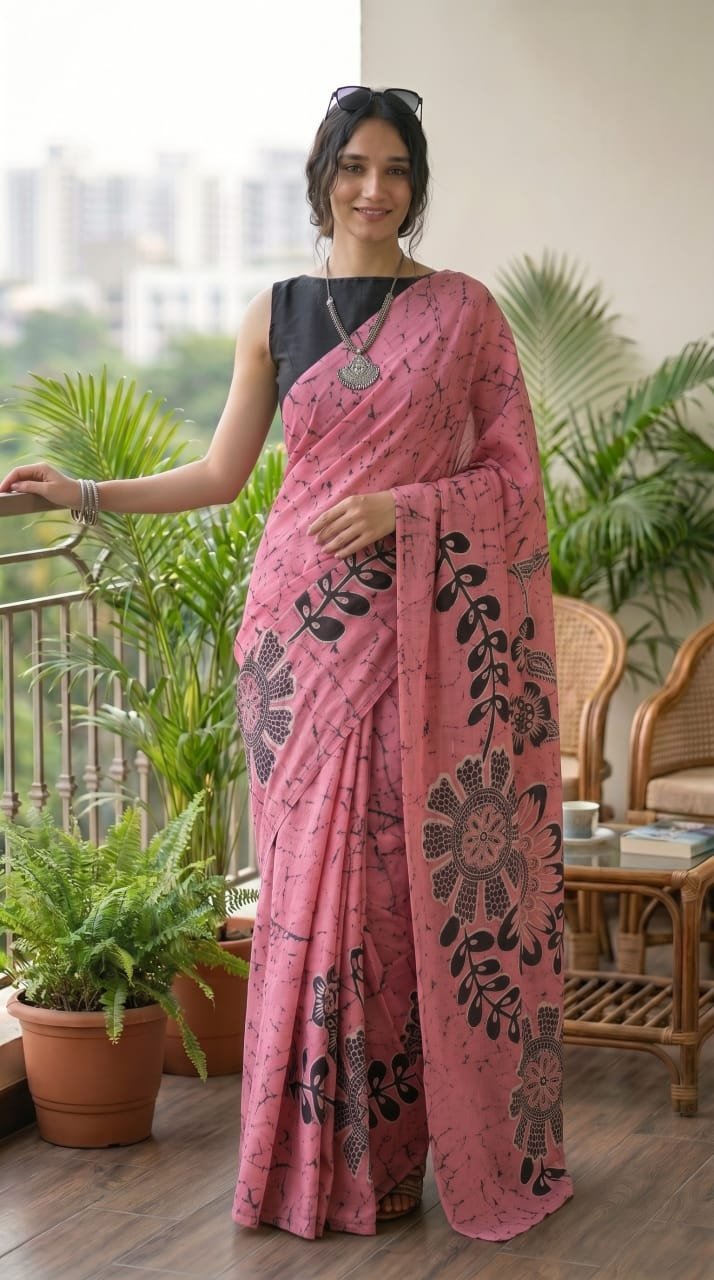 Pink saree with bold black floral Bagru hand block print design