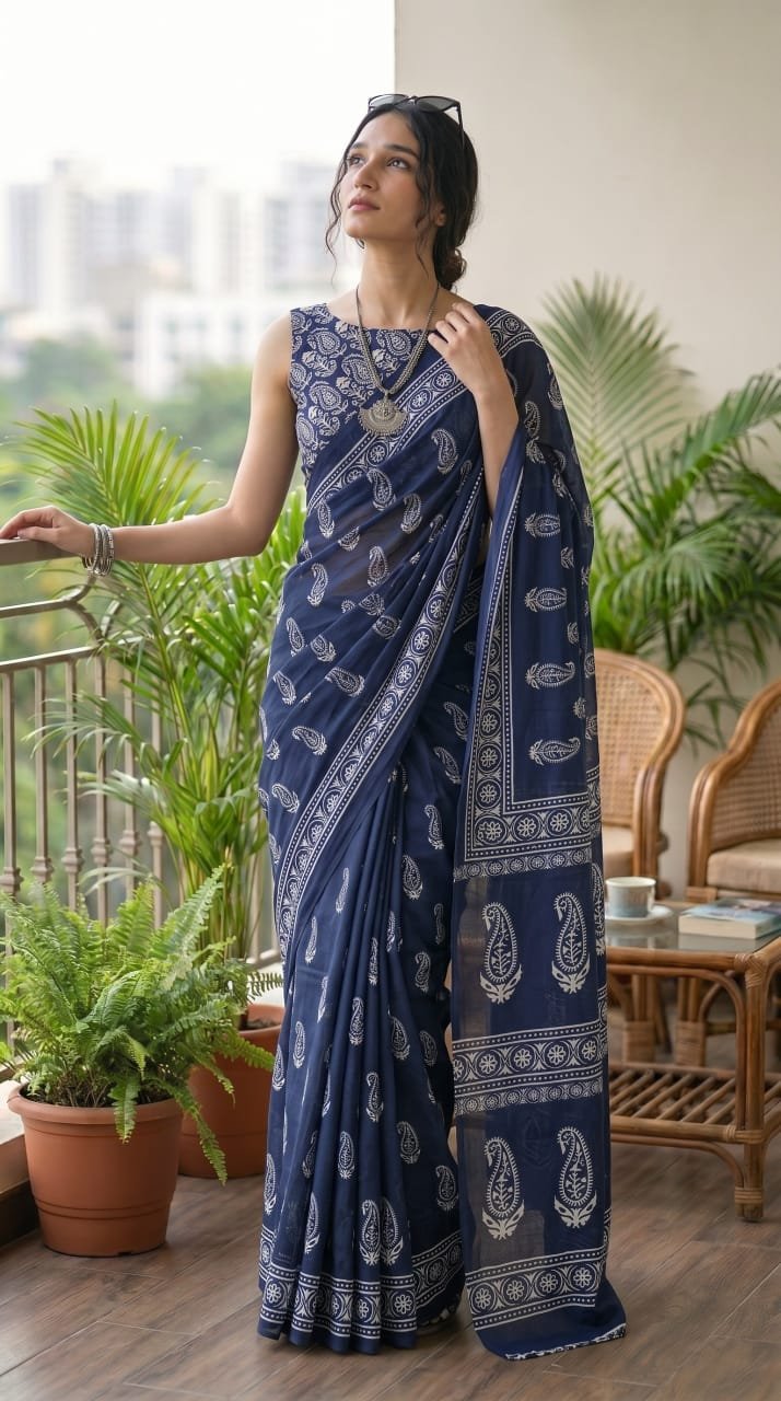 Navy blue saree with white paisley motifs and traditional border