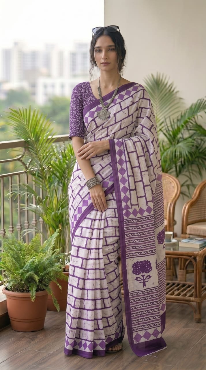 Purple and white saree with geometric and floral motifs in Bagru hand block print
