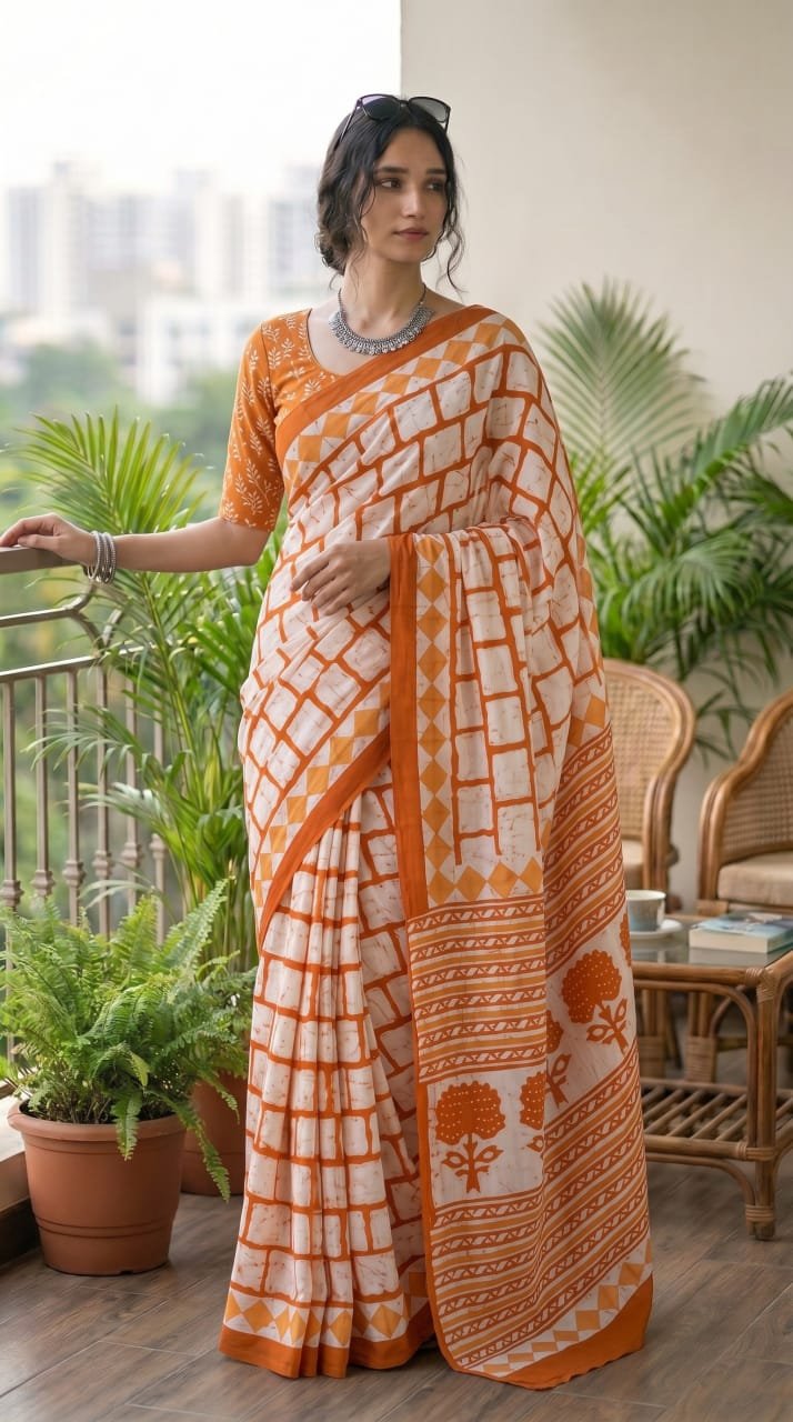 Orange saree with geometric and floral motifs in Bagru hand block print