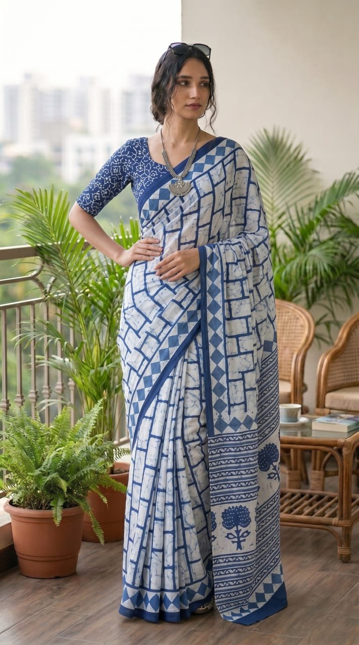 Blue and white saree with geometric and floral patterns in Bagru hand block print