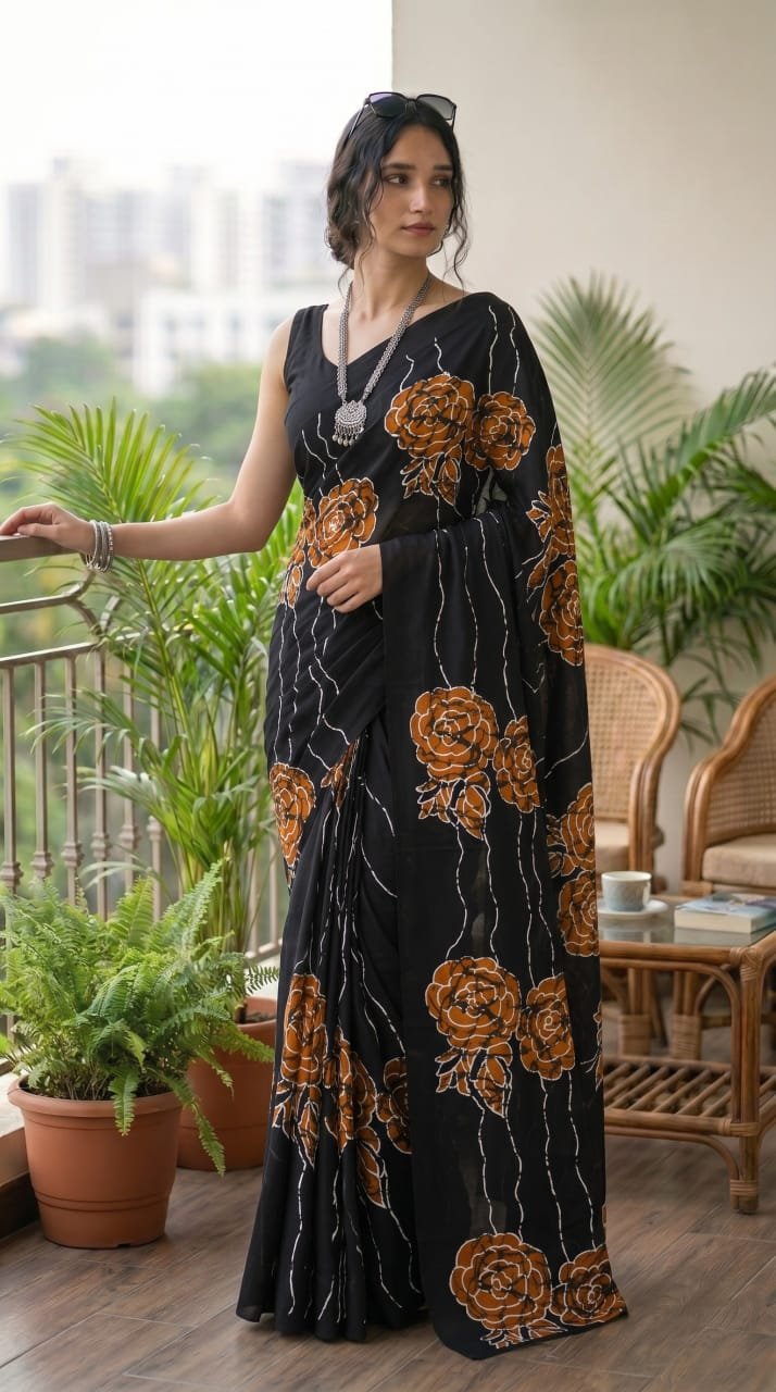 Black saree with orange floral motifs and white stripes, hand block print