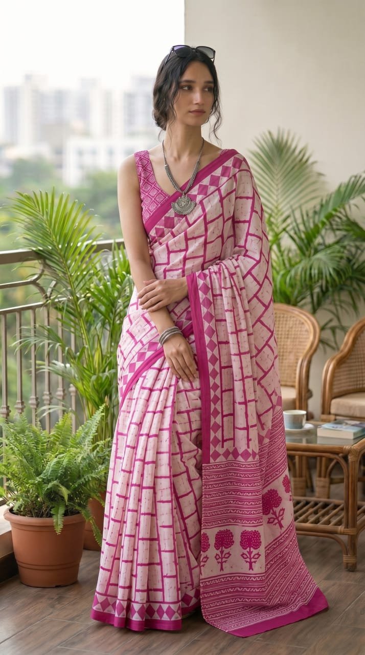Pink and white saree with geometric and floral Bagru block print motifs