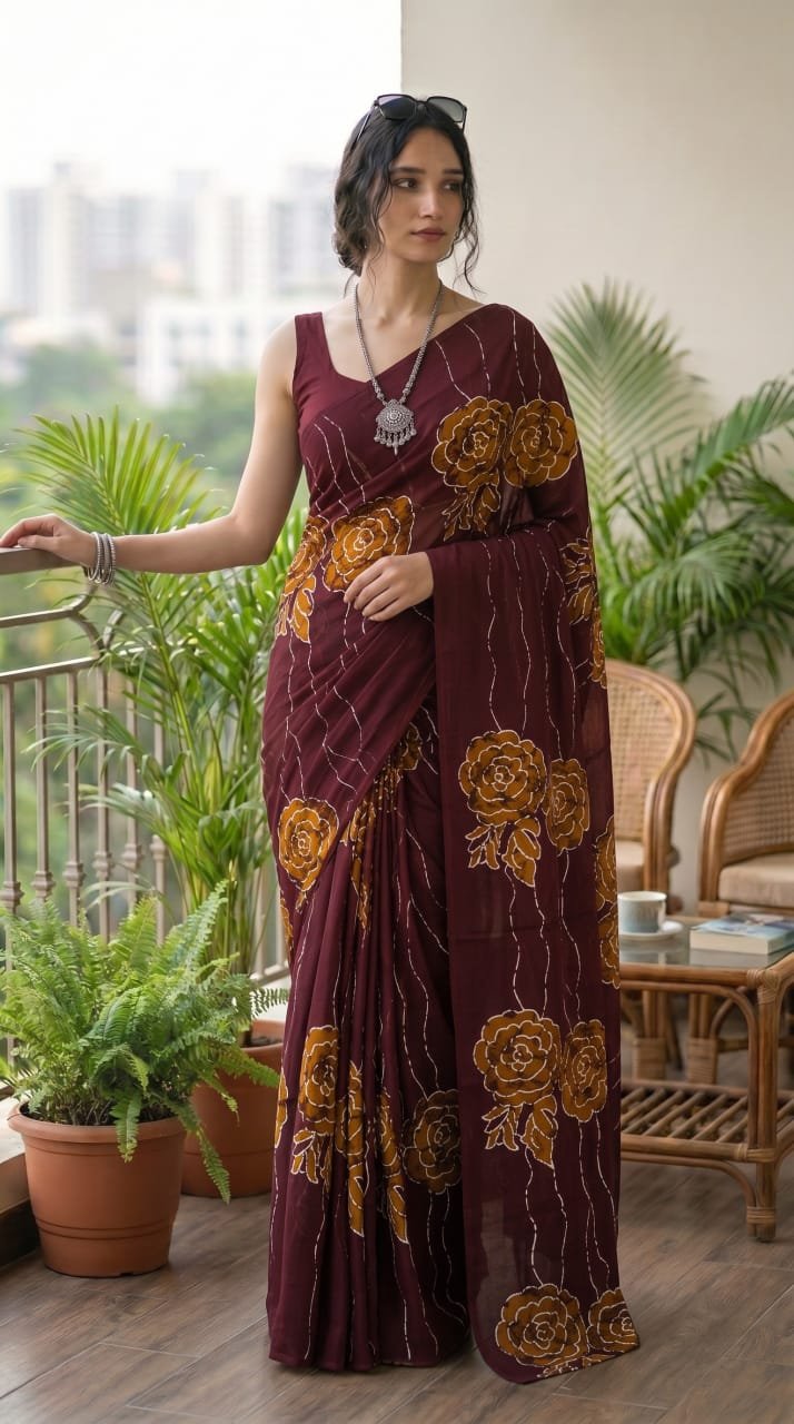 Maroon saree with floral motifs and stripe design in Bagru hand block print