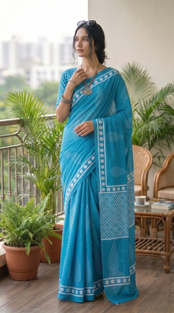 Blue saree with floral and buta motifs in Bagru hand block print.
