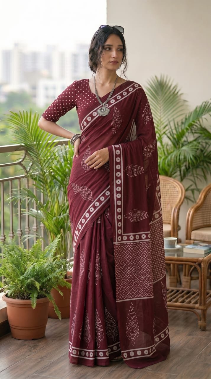 Maroon saree with buta motifs and traditional Bagru block print design