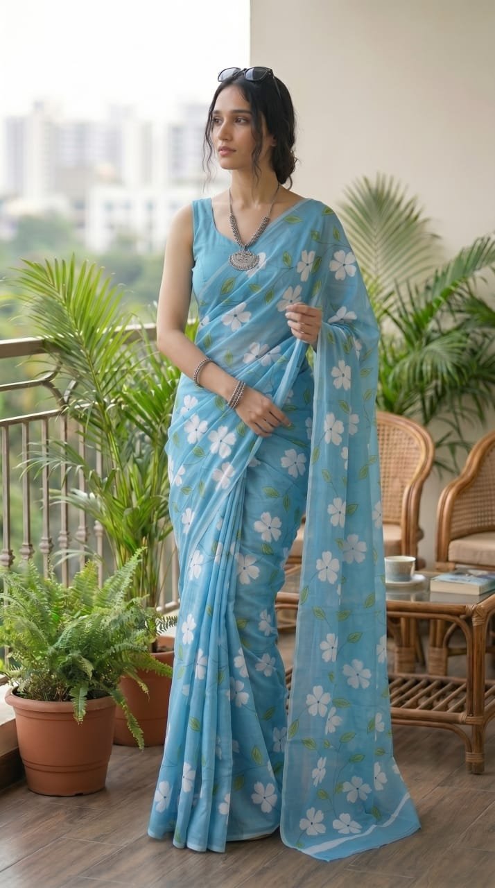 Sky blue saree with white floral motifs and green leaves, hand block printed