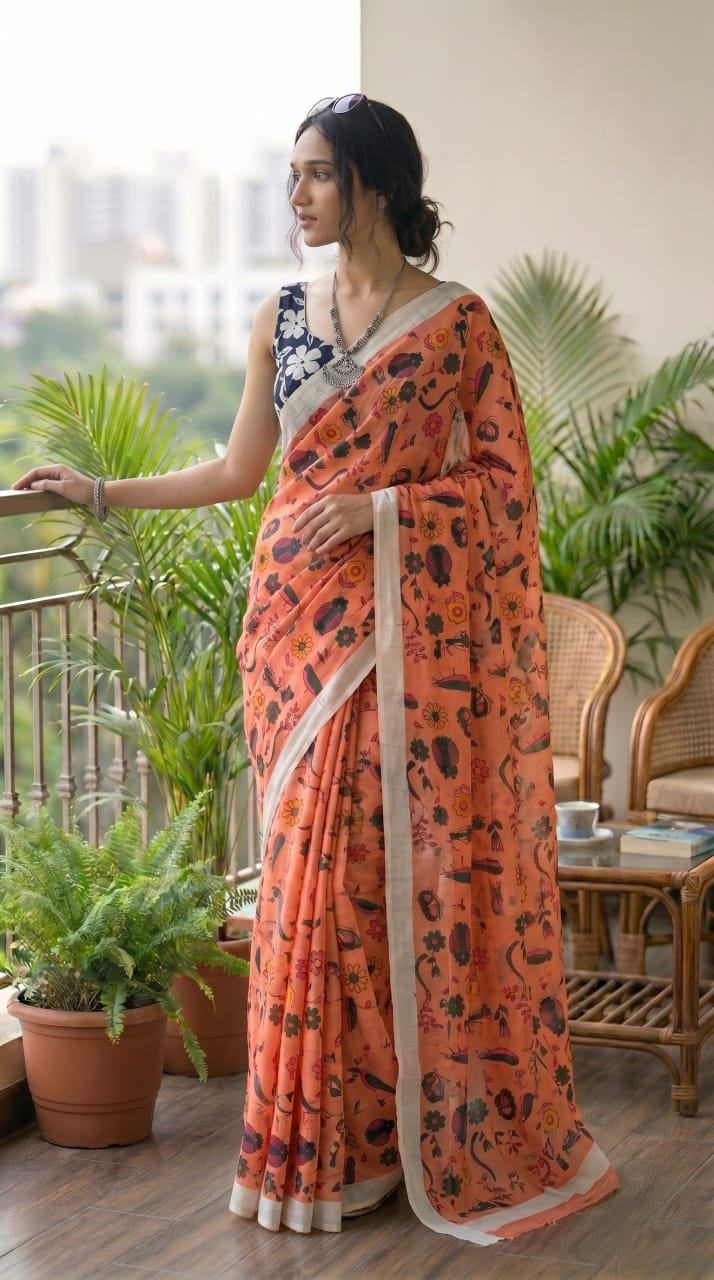 Peach saree with floral motifs printed using Bagru technique