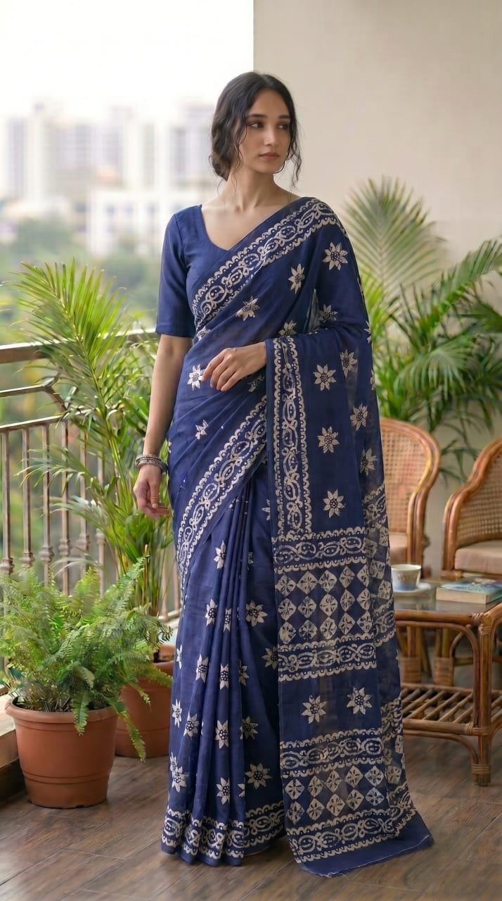 Navy blue saree with floral motifs and traditional Bagru hand block print