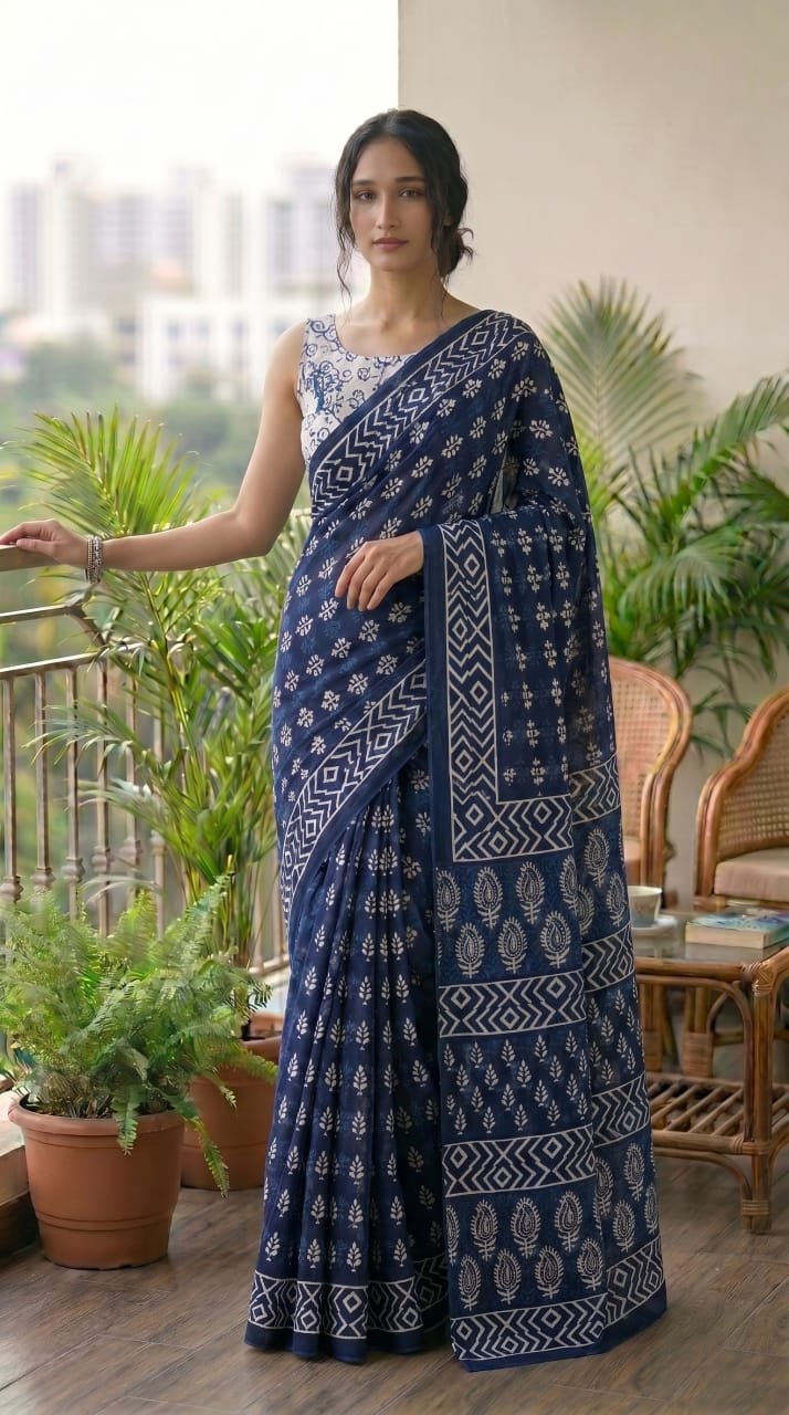 Navy blue saree with geometric and buta motifs in Bagru hand block print