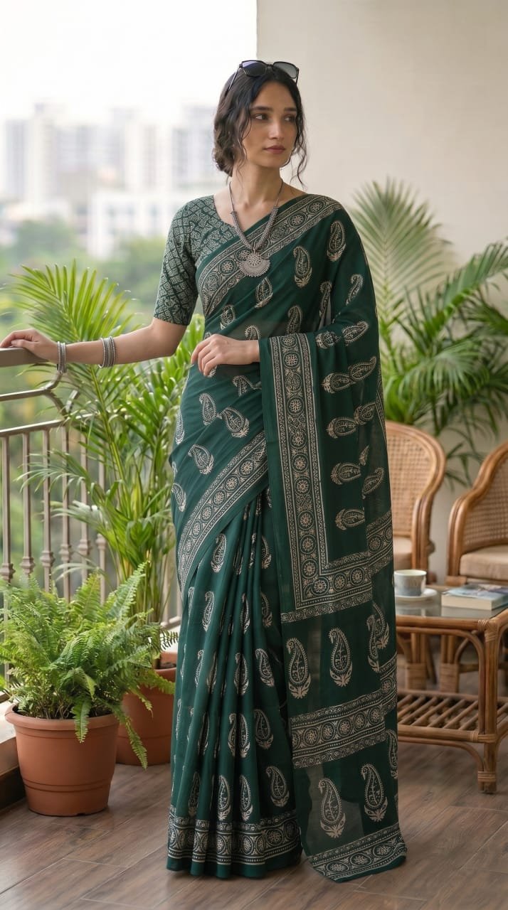 Green saree with paisley motifs and intricate border design