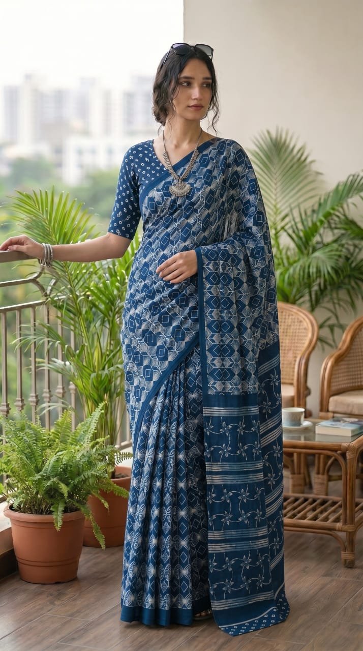 Blue saree with geometric patterns and floral pallu motifs in Bagru style