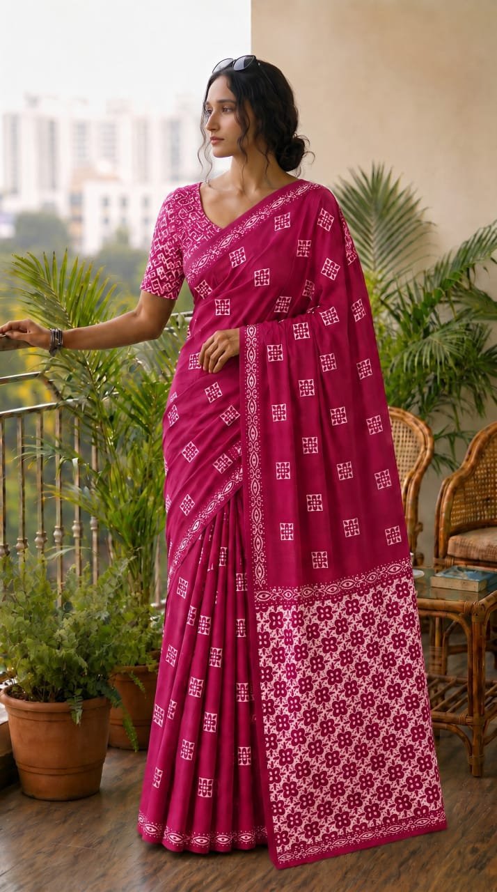 Vibrant pink saree with geometric and floral Bagru hand block print motifs