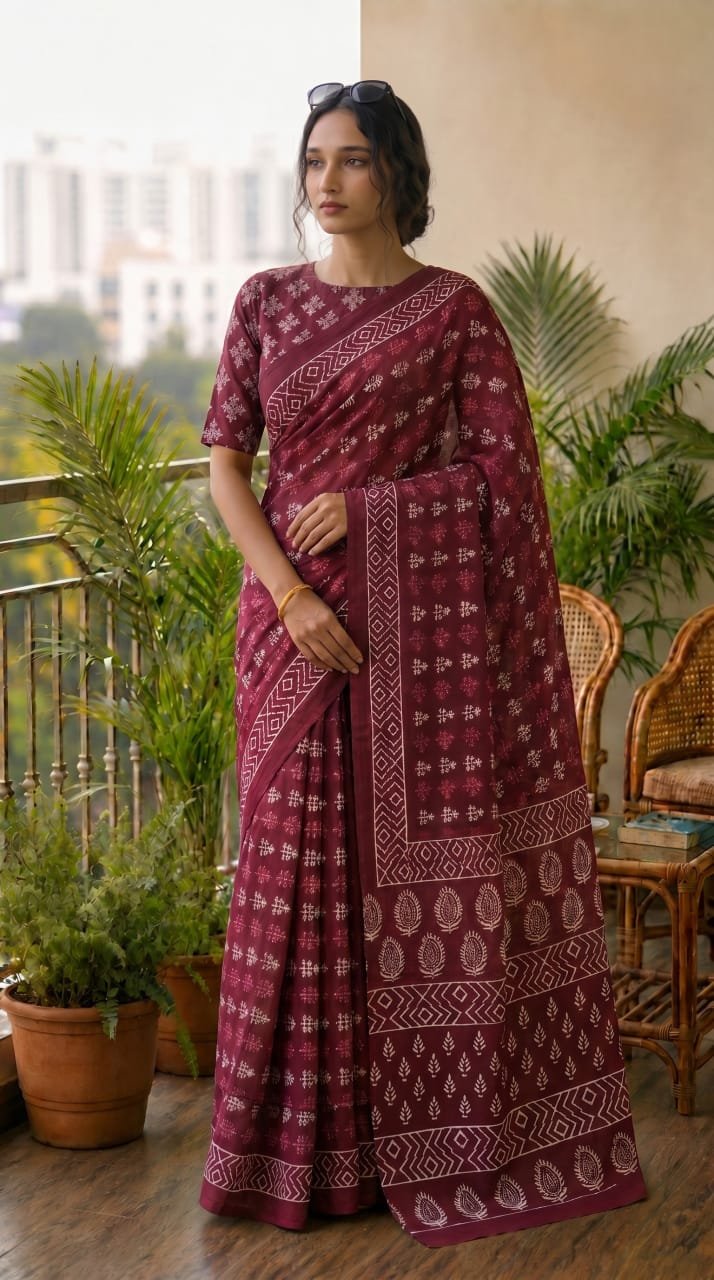 Maroon saree with floral and geometric Bagru hand block print motifs