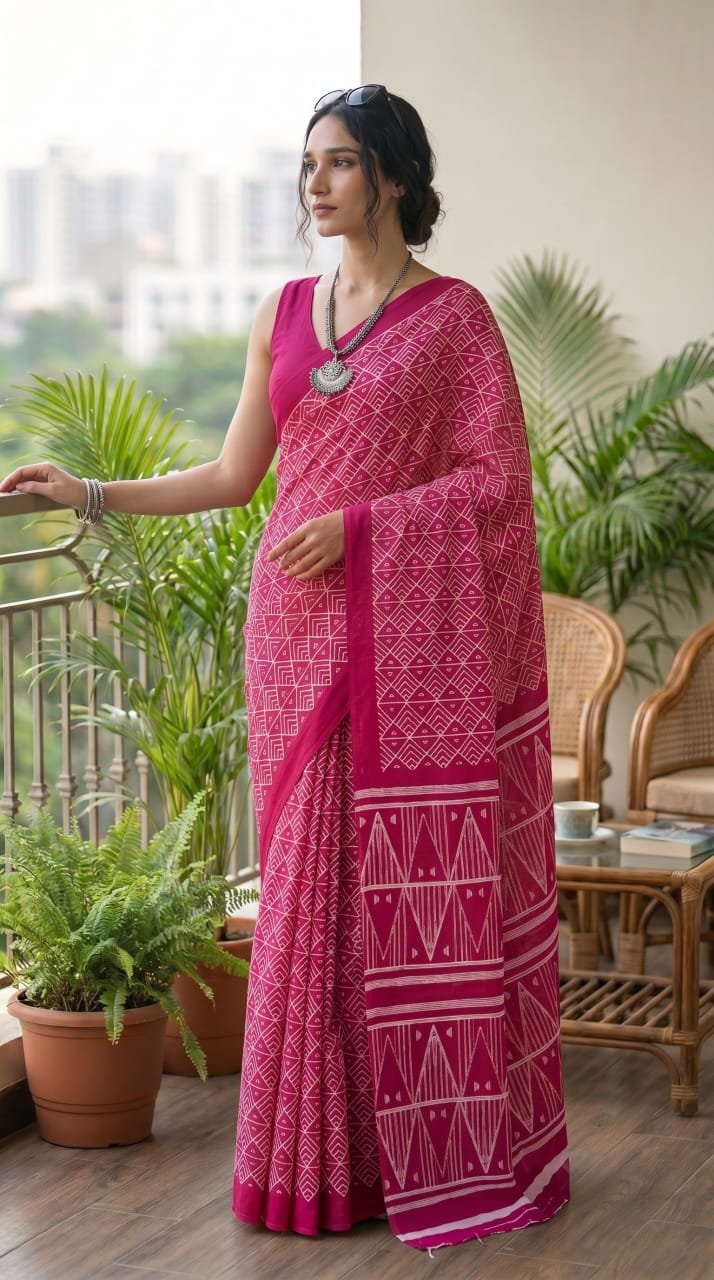 Pink saree with geometric Bagru hand block print design
