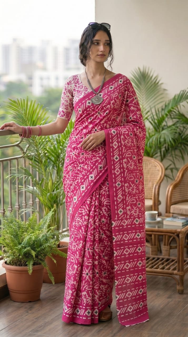Pink saree with geometric Bagru hand block print and blouse piece