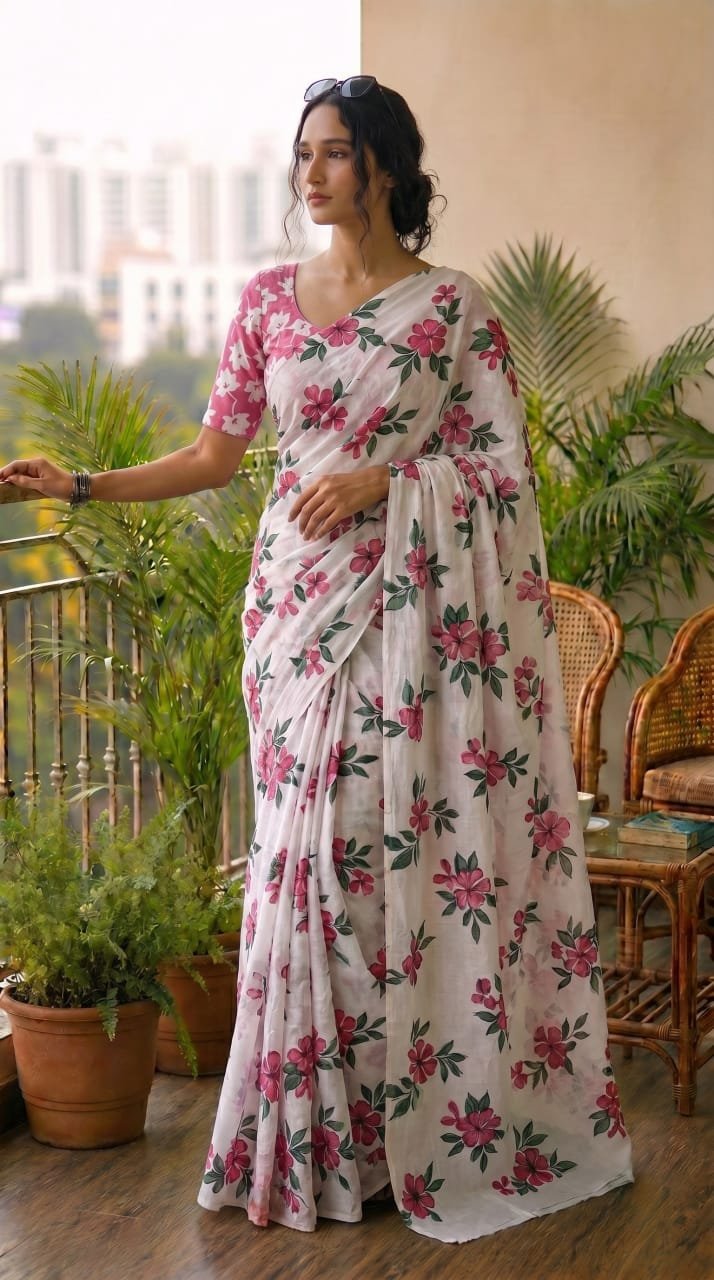 Saree with pink floral design on white background, traditional Bagru print
