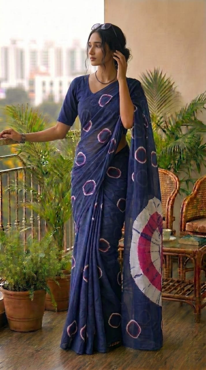 Navy blue saree with circular motifs, handcrafted Bagru print