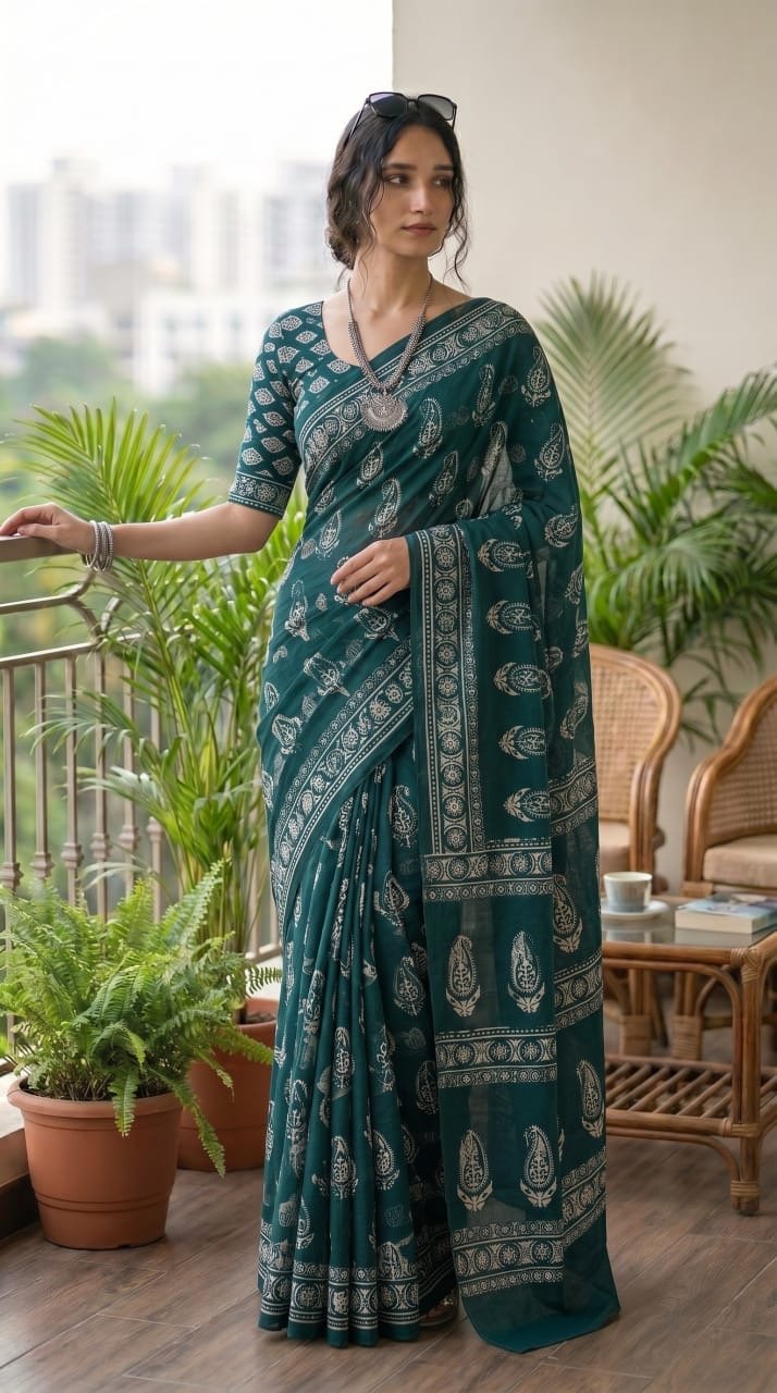 Teal saree with paisley motifs and Bagru hand block print design