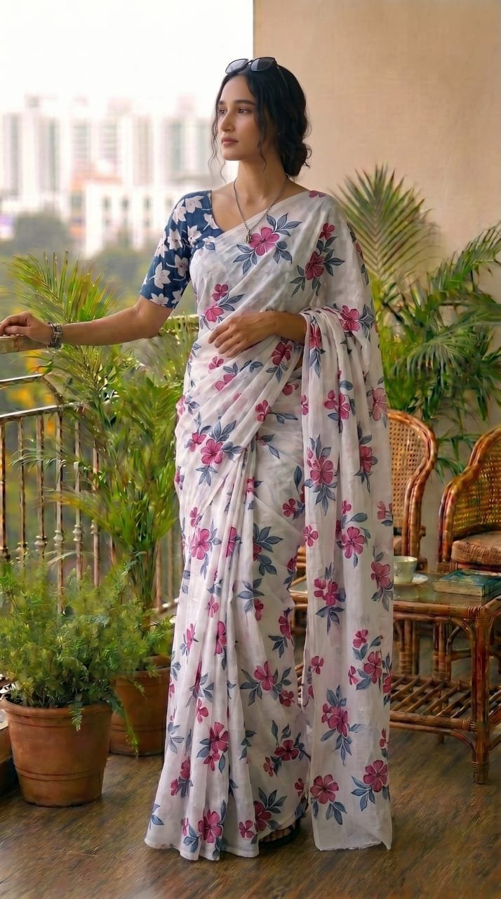 Ivory saree with pink and blue floral motifs, traditional Bagru hand block print