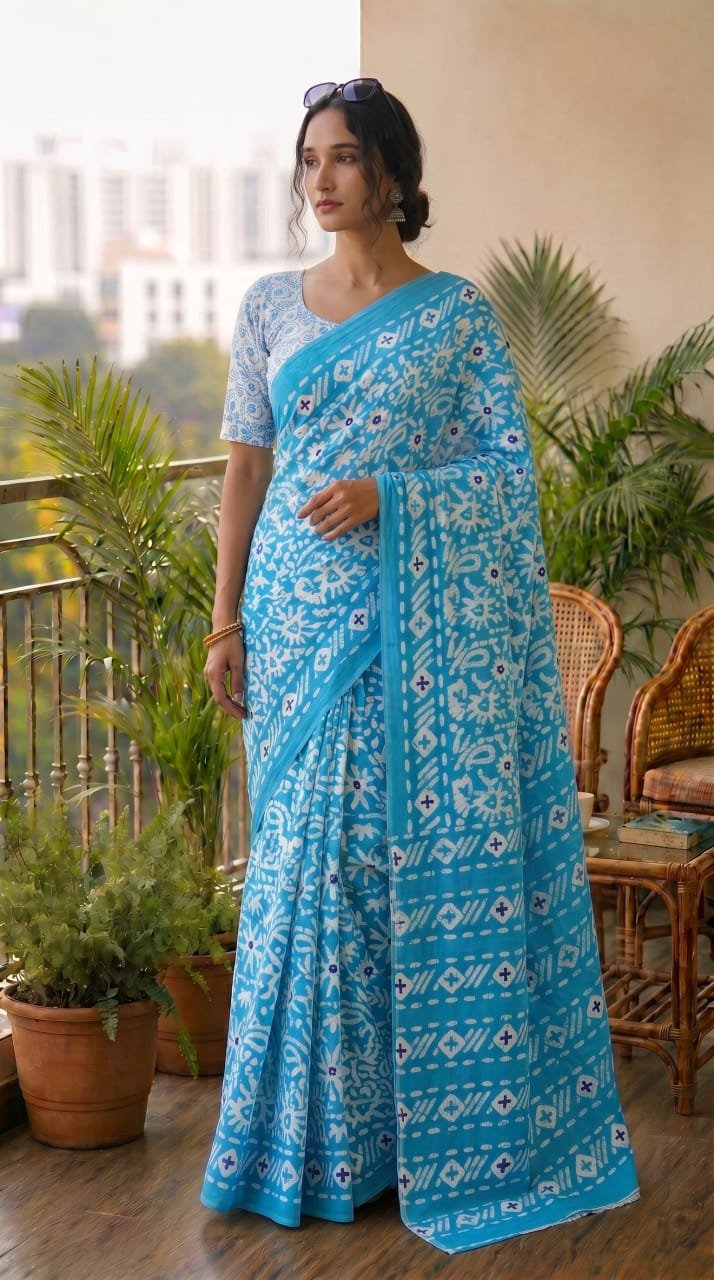 Sky blue saree with geometric Bagru hand block print design