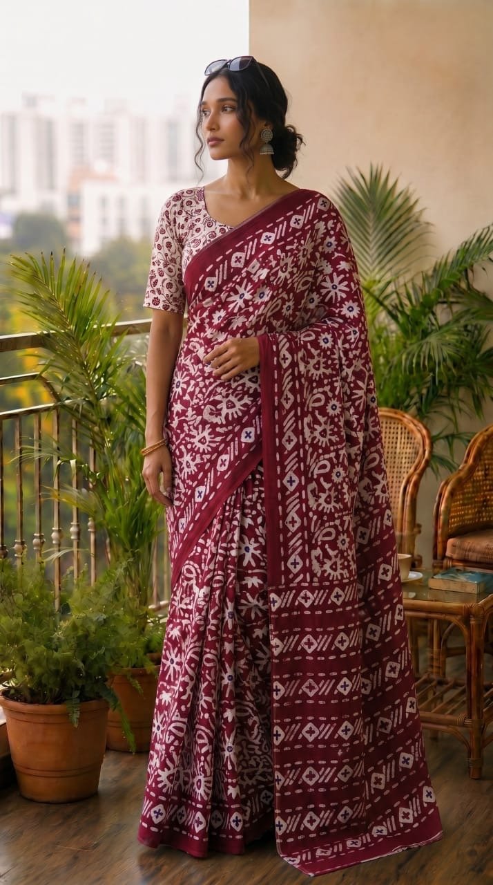 Maroon and white floral Bagru Hand Block Print Mul Cotton saree with bold patterns