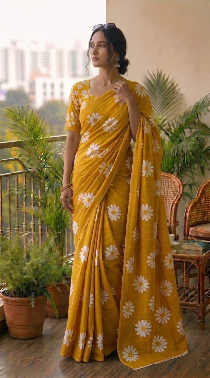 Yellow saree with white floral motifs and Bagru hand block print design