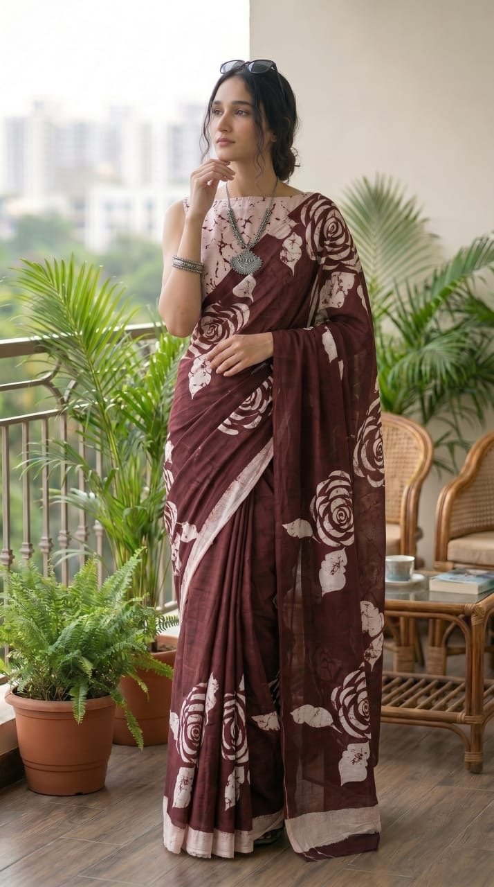 Maroon saree with floral motifs in Bagru hand block print