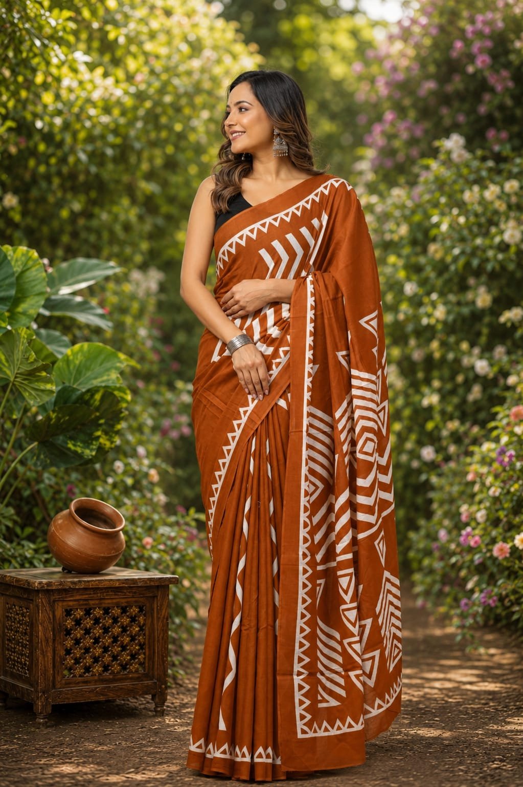 Rust saree with white geometric motifs and bold border design